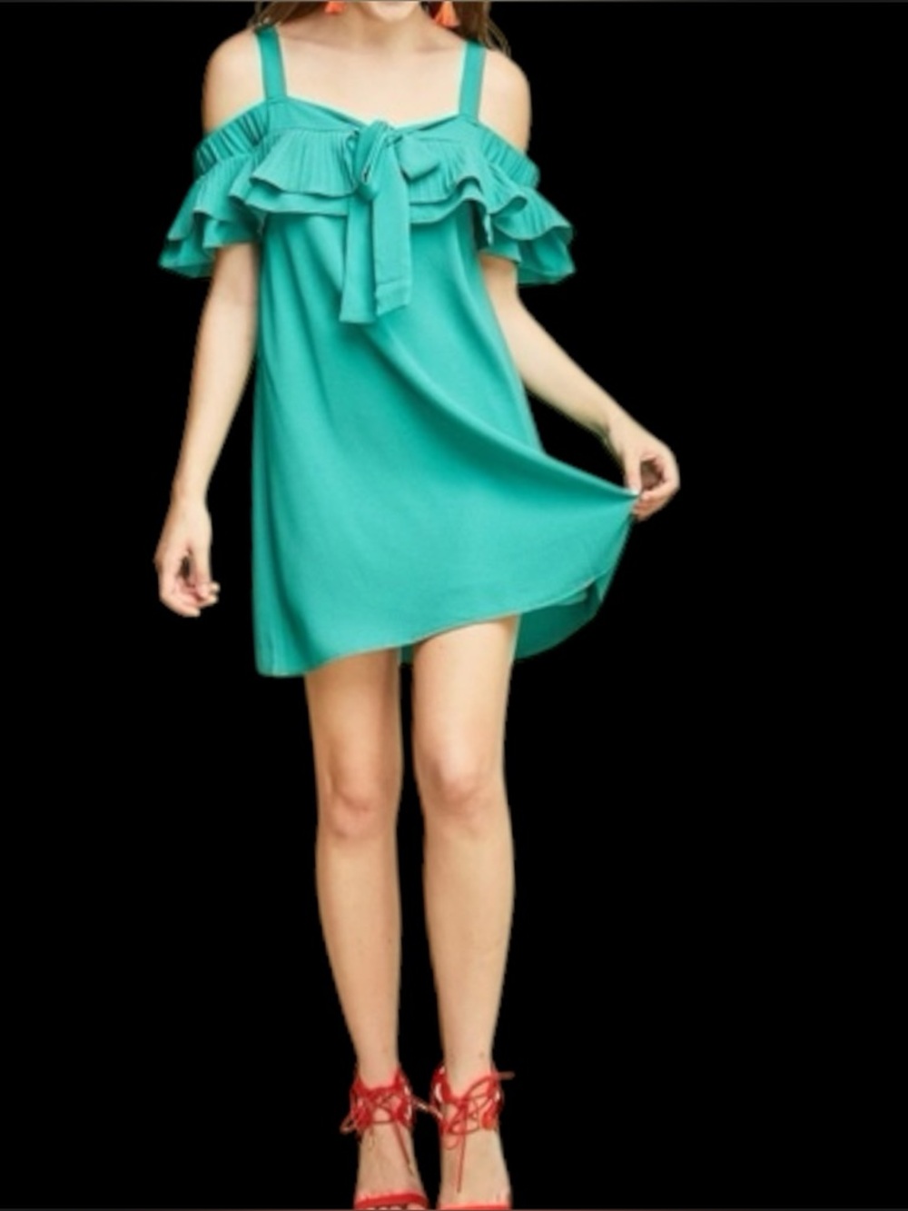 entro Teal Cold-Shoulder Ruffle Mini Dress